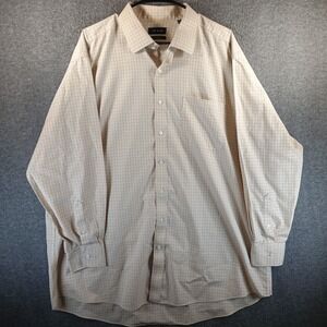 EB Wood Dress Shirt Men 18.5/34-35 Button Up‎ Tan Pocket Non-Iron Checkered